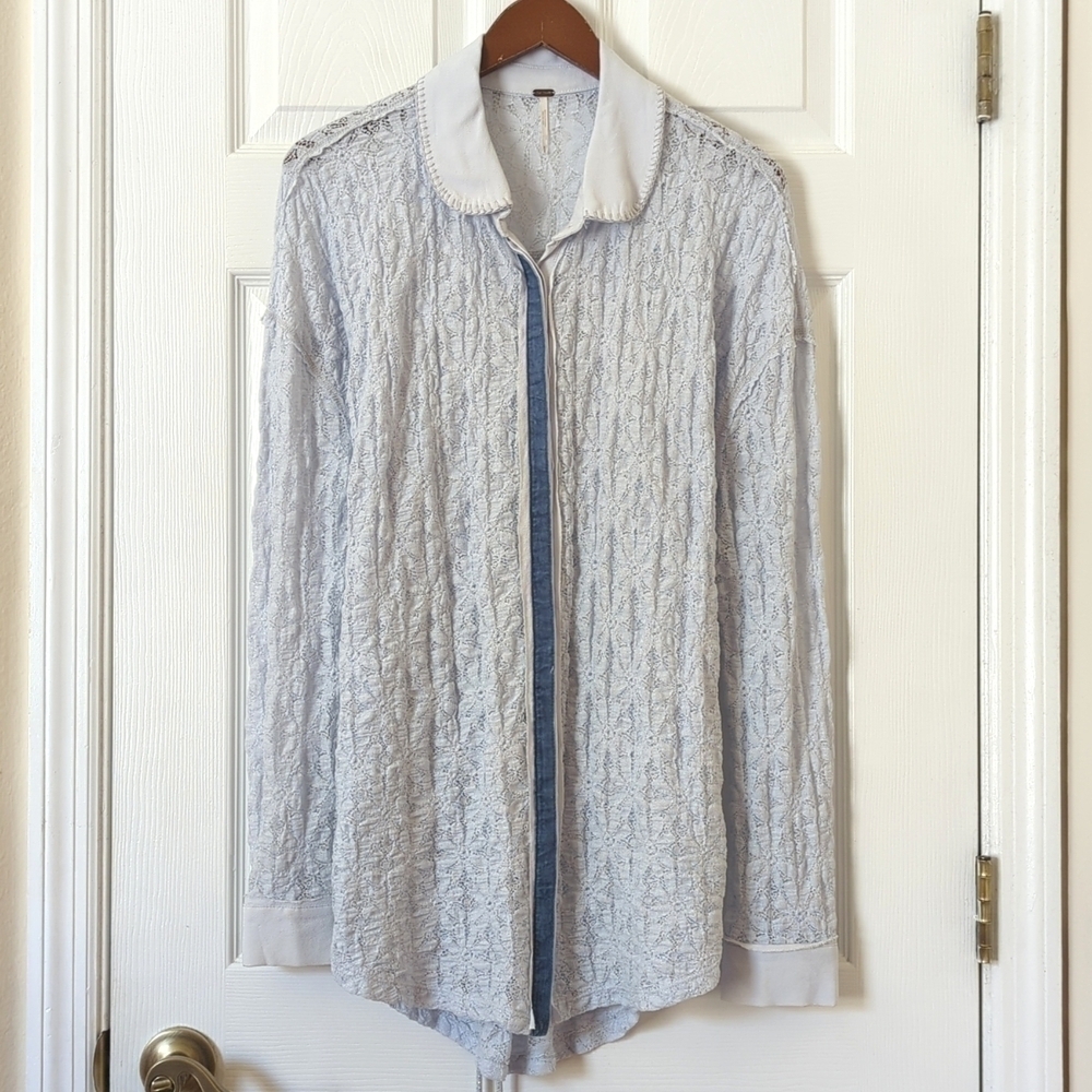 Free People Must Have Floral Lace Long Sleeve Button Down Tie Back Tunic Blue M
